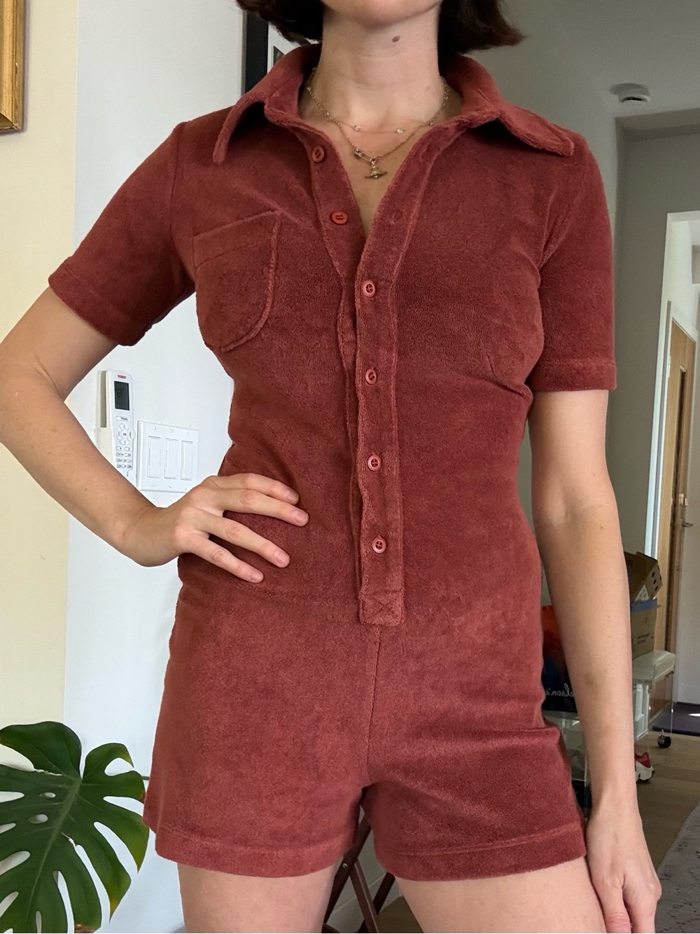 Terracotta Short-Sleeve Terry Romper